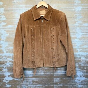 King Ranch Leather Lace Up Full Zip Jacket Western Boho NFR Winter Womens L